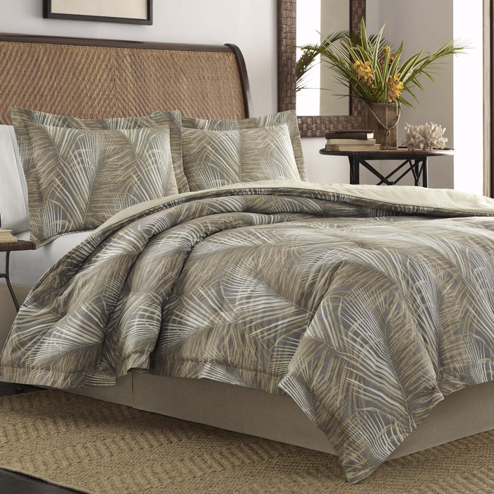 Tommy Bahama Home Raffia Palms Gray/Khaki 100 Cotton 230 TC Reversible 4 Piece Comforter Set